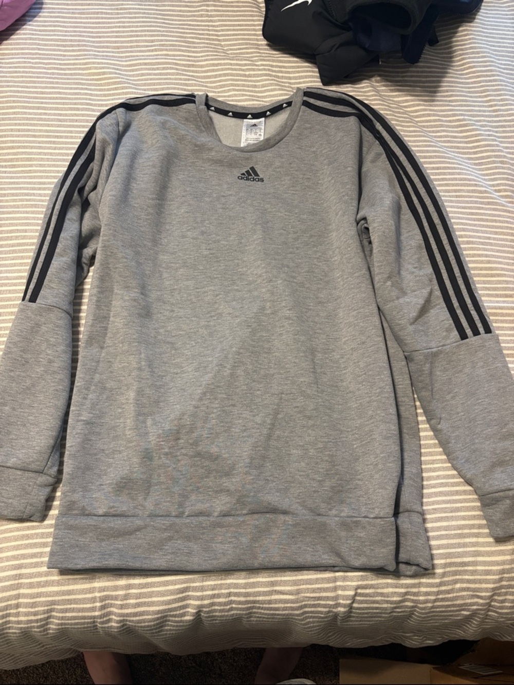 adidas Men's Grey Crewneck Sweatshirt with Black Three-Stripes